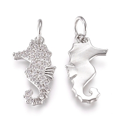 Platinum Brass Charms, with Micro Pave Cubic Zirconia and Jump Rings, Sea Horse, Clear, Platinum, 15.5x8x1.2mm, Hole: 3.2mm
