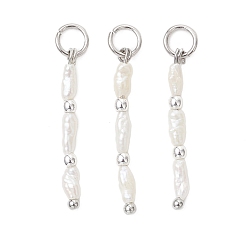 Нержавеющая Сталь Цвет Подвески из натурального барочного жемчуга кеши и синтетического немагнитного гематита с гальваническим покрытием., палочные амулеты, цветочный белый, цвет нержавеющей стали, 23.5~25.5x2.5 мм, Перейти кольцо: 5x0.8 мм, внутренний диаметр: 3.4 мм