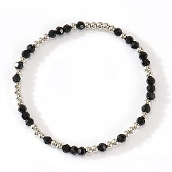 Черный Эластичные браслеты из стекла и 304 нержавеющей стали с бусинами для женщин, рондель, цвет нержавеющей стали, чёрные, 6.89 дюйм (17.5 см)