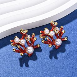 Настоящее золото 18K 304 серьги-гвоздики из нержавеющей стали в форме коралла с эмалью, с пластиковой жемчужины, ионное покрытие (ip), реальный 18 k позолоченный, 22.5x26 мм