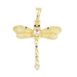 Dragonfly Латунные микропаве прозрачные подвески с фианитом, долговечный, стойки покрытие, без свинца и без кадмия, реальный 18 k позолоченный, стрекоза, 25.5x23.5x4 мм, отверстие : 6x4 мм