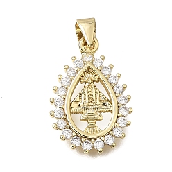 Plaqué 18K Or Véritable Pendentifs religieux en laiton sertis de micro-pavés de zircone cubique transparente, larme avec breloques virgen de juquila, crémaillère plaquage, plaqué longue durée, sans cadmium et sans plomb, réel 18 k plaqué or, 21.5x14.5x2.5mm, Trou: 4.5x3.5mm