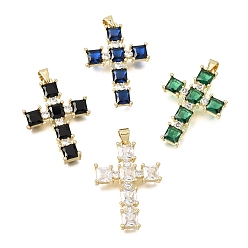 Mixed Color Brass Pave Cubic Zirconia Pendants, Cross with Square Charms, Long-Lasting Plated, Cadmium Free & Lead Free, Real 18K Gold Plated, Mixed Color, 32.5x23x3.5mm, Hole: 4x3.5mm