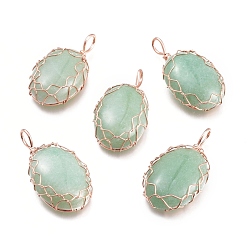 Green Aventurine Natural Green Aventurine Pendants, Wire Wrapped Pendants, with Rose Gold Plated Brass Wire, Oval, 42.5x23x10mm, Hole: 5x7mm