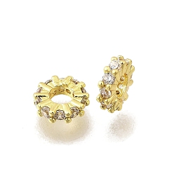 Золотой Латунные микропаве из прозрачного кубического циркония, стойки покрытие, долговечный, без свинца и без кадмия, плоско-круглые, золотые, 6.5x2 мм, отверстие : 2.5 мм