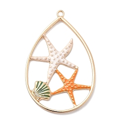 Темно-Оранжевый Латунные эмали большие подвески, каплевидная с подвесками в виде морских звезд, полый, реальный 18 k позолоченный, темно-оранжевый, 53x35x3 мм, отверстие : 2.2 мм