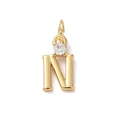 Letter N Латунные подвески из прозрачного кубического циркония, письмо амулеты, с целью перехода в кольце, стойки покрытие, долговечный, без свинца и без кадмия, реальный 18 k позолоченный, Письмо N, 12~12.5x3~10x2.3 мм, отверстие : 3.3 мм
