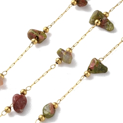 Унакит 304 цепи из нержавеющей стали ссылка, пайки, с натуральным Unakite, с катушкой, ионное покрытие (ip), реальный 18 k позолоченный, 3~5.5x3~11.5x1~3.5 мм, около 32.81 футов (10 м) / рулон