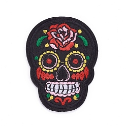 Black Computerized Embroidery Cloth Iron On Patches, Costume Accessories, Appliques, Sugar Skull, For Mexico Holiday Day of the Dead, Black, 72.2x53x1.9mm