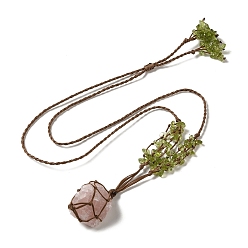 Rose Quartz Natural Rose Quartz Braided Bead Pendant Necklacess, with Peridot Chips, Wax Rope Pouch Adjustable Necklaces, 27.24~29.84 inch(69.2~75.8cm)