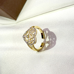 Золотой Полые регулируемые латунные кольца-манжеты с микропаве из прозрачного кубического циркония для женщин., древо жизни, золотые, размер США 4 1/4 (15~20 мм)