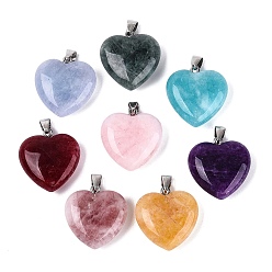 Mixed Color Dyed Natural Quartz Pendants, Heart Charms with Iron Snap On Bails, Platinum, Mixed Color, 26~27x25x9~11mm, Hole: 7x3.5mm