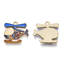 Dodger Blue Printed Alloy Pendants, Cadmium Free & Nickel Free & Lead Free, Light Gold, Helicopter Charm, Dodger Blue, 17.5x18.5x2mm, Hole: 1.8mm