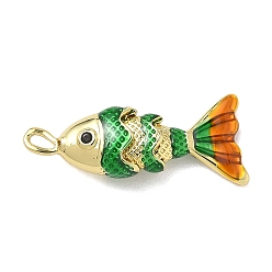 Зеленый лайм Рыба из латуни микро проложить Цирконом подвески, Эмаль стиле, долговечный, без кадмия и без свинца, реальный 18 k позолоченный, зеленый лайм, 22x9x5 мм, отверстие : 2.5x1.5 мм