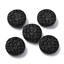 Черный Киноварь бисера, резные лакированные, плоские круглые с цветком, чёрные, 31.5x13 мм, отверстие : 2 мм