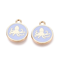 Cornflower Blue Alloy Enamel Pendants, Rack Plating, Flat Round & Octopus Charms, Golden, Cornflower Blue, 16x13x1.5mm, Hole: 1.8mm