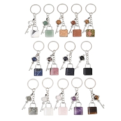 Смешанные камни Брелоки-подвески из смешанных камней, Замок и ключ, с разъемным кольцом для ключей из латуни и железа, стойки покрытие, долговечный, платина, 80 мм