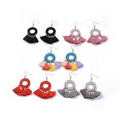 Real Gold Filled Brass Dangle Earrings, with 304 Stainless Steel Findings and Polycotton(Polyester Cotton) Tassels Pendants, Mixed Color, 68mm, Pendant: 46x48x4mm, Pin: 0.7mm
