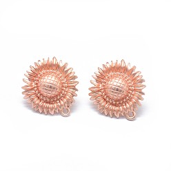 Матовый Розово-Золотой Цвет Сплав серьги выводы, с петлей, латунные булавки и гайки для ушей / спинки сережек, долговечный, подсолнечник, матовая розового золота, 22x20 мм, отверстия: 1.5 мм, штифты: 0.7 мм