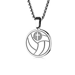 Volleyball 304 Collares con colgante de pelota deportiva en cruz de acero inoxidable, color acero inoxidable, voleibol, 23.62 pulgada (60 cm)
