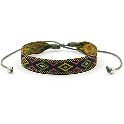 Light Khaki Ethnic Style Polyester Flat with Rhombus Cord Bracelet, Adjustable Bracelet for Women, Light Khaki, 6-1/4~9-1/2 inch(16~24cm)