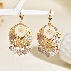 Цветок Плоские круглые латунные серьги-люстры, реальный 18 k позолоченный, цветок, 60x30 мм