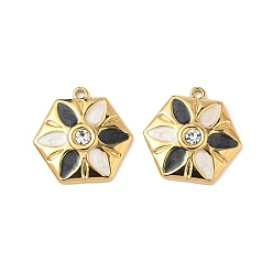 Черный 304 подвески-цветы из нержавеющей стали со стразами и эмалью, ионное покрытие (ip), реальный 18 k позолоченный, чёрные, 18.5x18x3 мм, отверстие : 1.5 мм