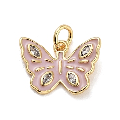 Pink Покрытие стойки латунь микропаве прозрачные подвески из кубического циркония, с эмалью, с целью перехода в кольце, долговечный, без свинца и без кадмия, реальный 18 k позолоченный, бабочка, розовые, 11.5x16x1.5 мм, отверстие : 3 мм