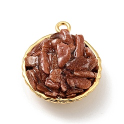 Камень с Пылевым Золотом Подвески из синтетического золота, с реечным покрытием из латуни с покрытием из настоящего золота 18k, круглые, без кадмия, без никеля и без свинца, 24x20x10~13 мм, отверстие : 1.8 мм