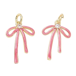 Rose Foncé Placage en rack laiton pavé de zircons cubiques transparents, charmes bowknot, avec émail, anneau de jonction et poudre à paillettes, sans cadmium et sans plomb, plaqué longue durée, réel 18 k plaqué or, rose foncé, 19x13x2mm, Trou: 3.5mm