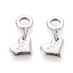 Платина Латунные 11:11 подвески в форме сердца в европейском стиле, Подвески с большими отверстиями, платина, 19.5 мм, отверстие : 3.8 мм