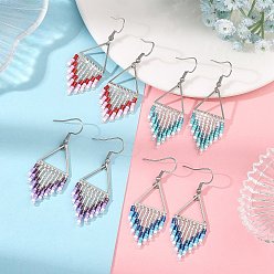 Mixed Color Glass Dangle Earrings, 304 Stainless Steel Dangle Earrings, Triangle with Tassel, Platinum, Mixed Color, 54x19mm