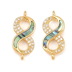 Настоящее золото 18K Подвески-коннекторы Infinity Link из натуральной ракушки пауа, с латунными микропаве прозрачных кубических цирконий, реальный 18 k позолоченный, 20.5x9x2 мм, отверстие : 1.2 мм