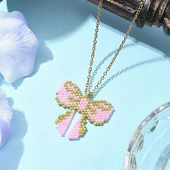 Pink Бисер miyuki delica ткацкий станок узор бант подвеска ожерелья, 304 ожерелья из стальных цепей для женщин, золотые, розовые, 17.72 дюйм (45 см), шириной 1.5 мм 