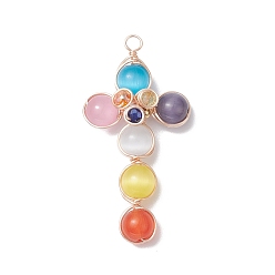 Cross Большие подвески кошачий глаз из латунной проволоки, крест очарование, крестик, 50x26x8 мм, отверстие : 3 мм