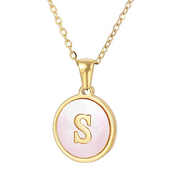 Letter S Natural Shell Initial Letter Pendant Necklace, with Golden Stainless Steel Cable Chains, Letter S, 17.72 inch(45cm)