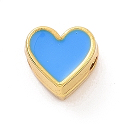 Deep Sky Blue Eco-friendly Rack Plating Brass Enamel Beads, Cadmium Free & Lead Free, Long-Lasting Plated, Real 18K Gold Plated, Heart, Deep Sky Blue, 7x7.5x5mm, Hole: 1.2mm