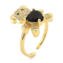 Черный Открытые манжеты из латуни с микро-паве и кубическим цирконием для женщин, со стеклом, без кадмия, без никеля и без свинца, реальный 18 k позолоченный, медведь, чёрные, 17x15.5 мм, внутренний диаметр: 18.5 мм