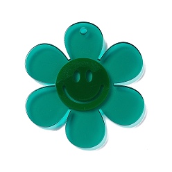 Teal Transparent Acrylic Big Pendants, Sunflower with Smiling Face Charm, Teal, 55x50.5x6mm, Hole: 2.5mm