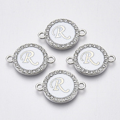 Letter R Verbindungsstücke aus Aluminium, mit Kristall Strass, flach rund mit Brief, Silberfarbe überzogen, Buchstabe r, 22x16x2 mm, Bohrung: 1.8 mm