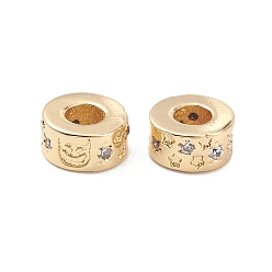 Real 18K Gold Plated Rack Plating Brass Micro Pave Clear Cubic Zirconia Beads, Flat Round with Cat & Star, Long-Lasting Plated, Cadmium Free & Lead Free, Real 18K Gold Plated, 6x3mm, Hole: 2.5mm