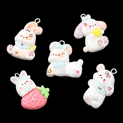 Mixed Color Rabbit Theme Opaque Resin Pendants, Mixed Shapes Charms, with Platinum Iron Loop, Mixed Color, 23~30x17~22x6.5~7mm, Hole: 2mm