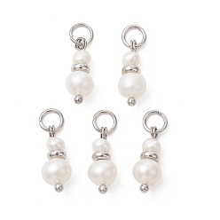 Платина Подвески из натурального пресноводного жемчуга и латуни, Подвески из бисера в форме картофеля с 304 соединительными кольцами из нержавеющей стали, белые, платина, 14~14.5x5~6 мм, отверстие : 3.3 мм