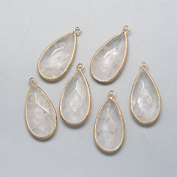 Clear Natural Quartz Crystal Pendants, Rock Crystal, with Golden Tone Brass Findings, Faceted, teardrop, Clear, 32.5~33x16x6mm, Hole: 2.5mm