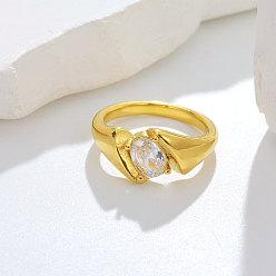 Golden 304 Stainless Steel Cubic Zirconia Finger Rings, Oval, Golden, Inner Diameter: 16.4mm
