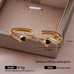 Heart 304 Stainless Steel Cubic Zirconia Hoop Earrings for Women, with Glass, Golden, Heart, 23x15mm