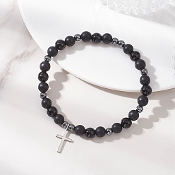 Смешанные камни 201 из нержавеющей стали крест шарм браслеты, Эластичные браслеты из натурального черного агата, обсидиана без глазков и немагнитного синтетического гематита с круглыми бусинами для мужчин и женщин., внутренний диаметр: 2.17 дюйм (5.5 см)