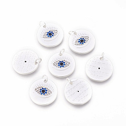 Matte Silver Color Brass Micro Pave Cubic Zirconia Pendants, Flat Round with Eye, Colorful, Matte Silver, 16.5x1.8mm, Hole: 3~3.5mm