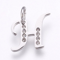 Letter H 304 Edelstahl Anhänger, mit Strass, Buchstabe, letter.h, 12x12x1.5 mm, Bohrung: 4 mm