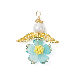 Небесно-голубой Подвески-ангелы из стеклянного бисера ручной работы, с крылом из акрила и сплава и медной проволокой, голубой, 38x30.5x8 мм, отверстие : 2.5 мм